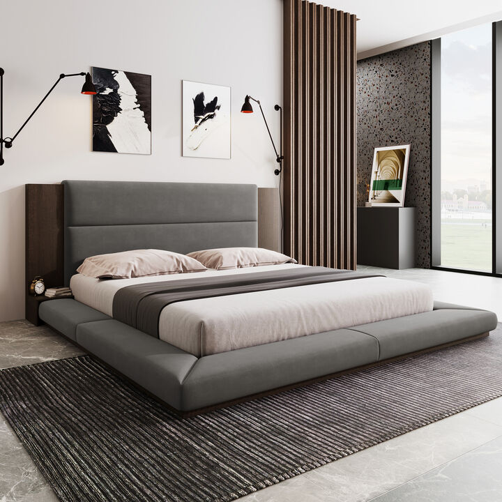 Merax Floor Upholstered Platform Bed with Extended Headboard