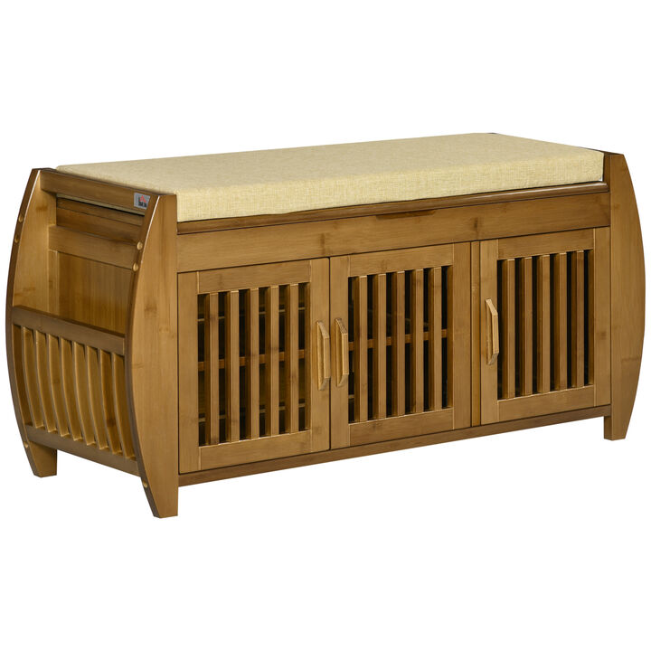 HOMCOM Shoe Bench with Storage Cabinets, Bamboo Entryway Bench with Seating Cushion, 3 Doors, Side Rack and Hidden Compartment for Hallway, Brown