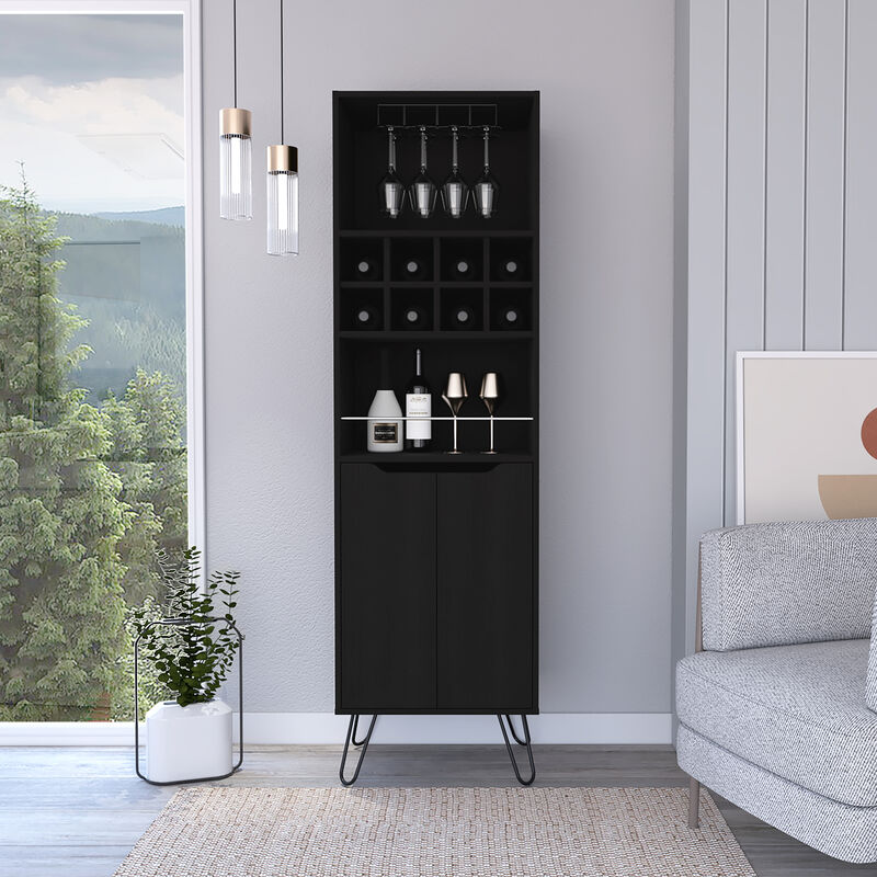 DEPOT E-SHOP Zamna H Bar Double Door Cabinet, Eight Built-in Wine Rack, Four Legs, Four Shelves, Black