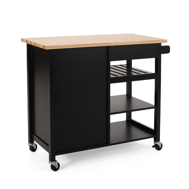 Rolling Kitchen Bar Cart, 3 Shelves, Cabinet, 42 Inch Black and Brown - Benzara