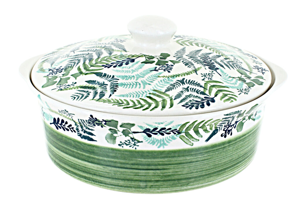Blue Rose Polish Pottery Floating Fern Deep Round Baker with Lid