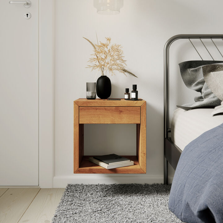 Solid Oak Hardwood Floating Nightstands Set of 2 with Drawers - Handcrafted Wooden Bedside Tables
