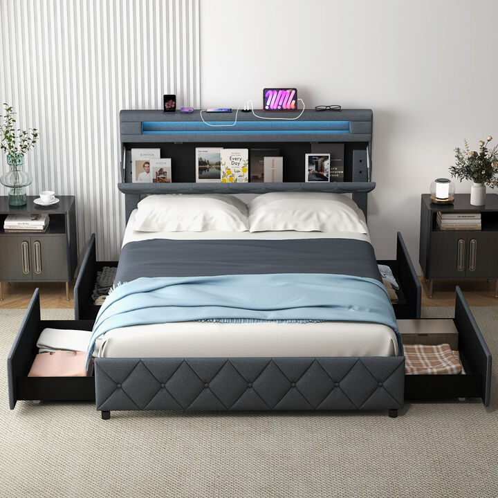Bed Frame with Adjustable Storage Headboard and Wooden Slat Support for Organized and Comfortable Sleep