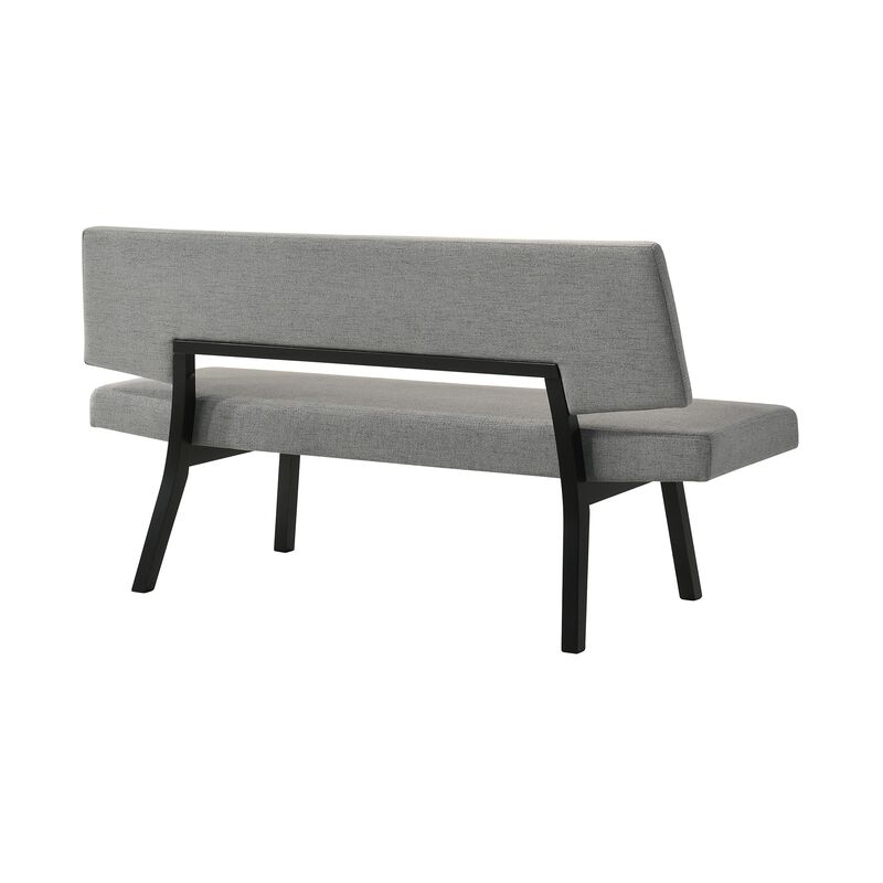 Yumi 63 Inch Dining Bench, Seat and Back with Charcoal Gray Fabric, Black - Benzara