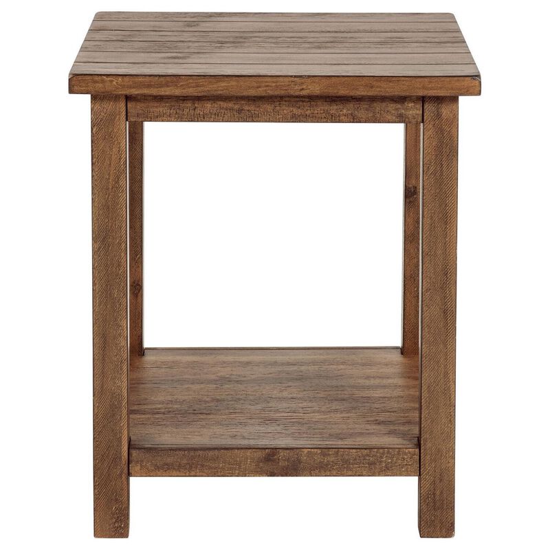 Ayne Side End Table, 1 Shelf, Distressed Brown Wood, Square 20 Inch - Benzara