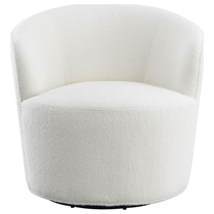 30 Inch Swivel Accent Chair, Barrel Inspired Design, Faux Sheepskin, White - Benzara