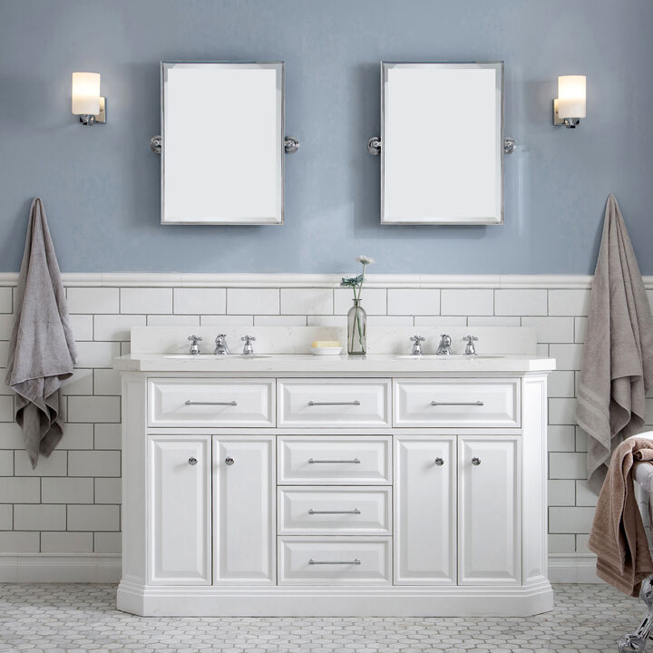 Palace 60 In. Double Sink Carrara Quartz Countertop Bath Vanity in Pure White with Chrome Hardware