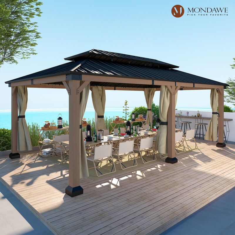 Mondawe Beverly Hills 12 ft. x 20 ft. Outdoor Fir Solid Wood Frame Patio Gazebo Canopy Shelter Galvanized Steel Hardtop Curtain