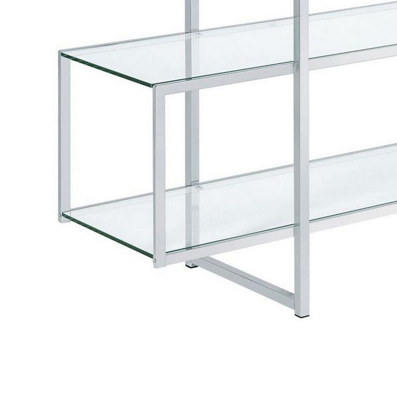Bookcase with 5 Tempered Glass Shelves and Electroplated Frame, Chrome-Benzara