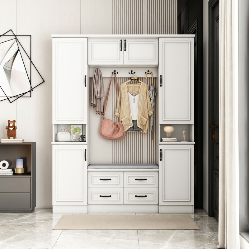 Hall Tree with Bench, 6 Cabinets and 4 Drawers, Entryway Bench with 4 Coat Racks, Entryway Cabinet with 6 Doors and Adjustable Shelves, for Entryway Hallway, 15.7”D x 63”W x 78.7”H, White