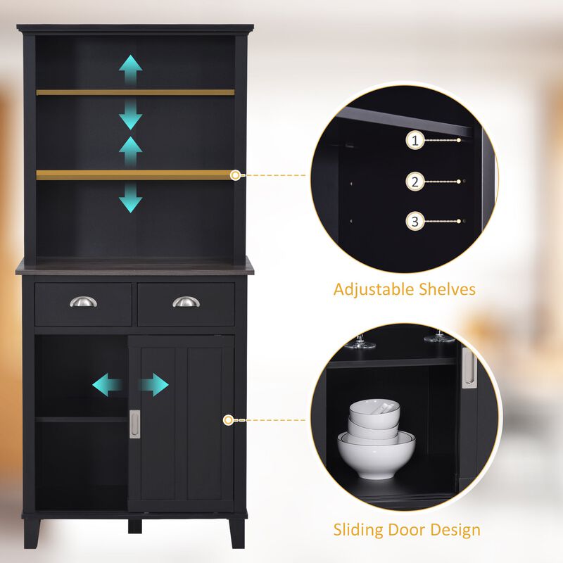 Black Kitchen Organizer: Pantry Cabinet with Sliding Doors and Drawers