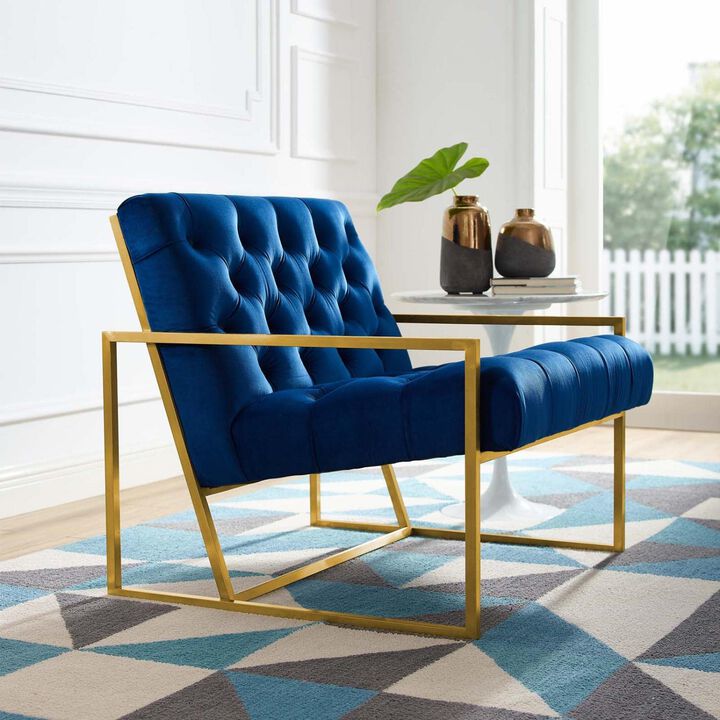 Modway Bequest Performance Velvet Upholstered Accent Lounge Arm Chair with Gold Stainless Steel Frame in Navy