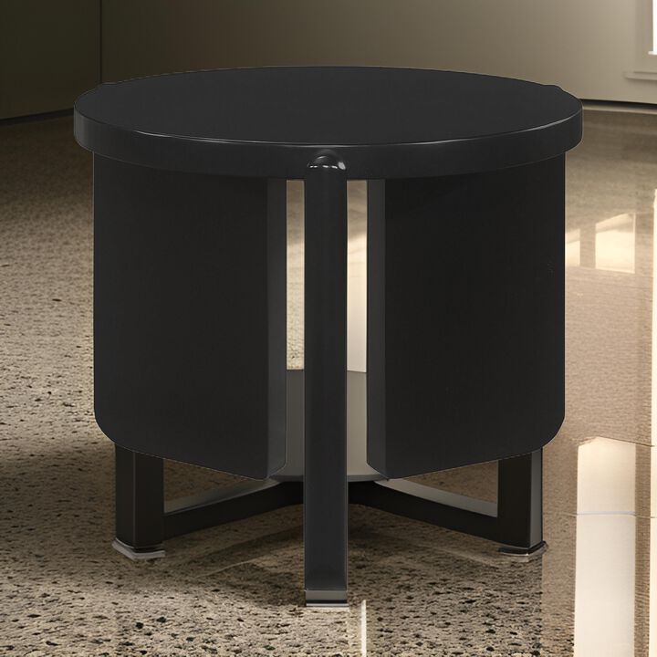 Kiya Side End Table, Panel Legs, 27 Inch Round Black Solid Wood Frame - Benzara