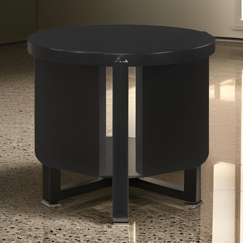Kiya Side End Table, Panel Legs, 27 Inch Round Black Solid Wood Frame - Benzara