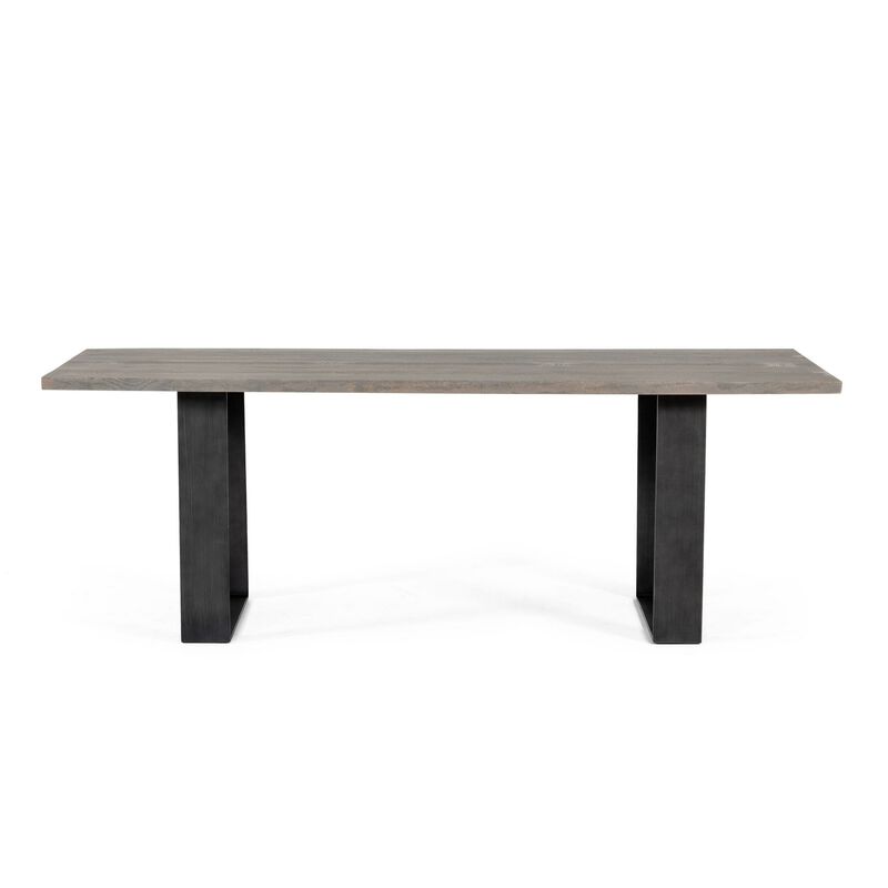 87 Inch Dining Table, Rectangular Top, Open Metal Panel, Gray Oak, Black - Benzara