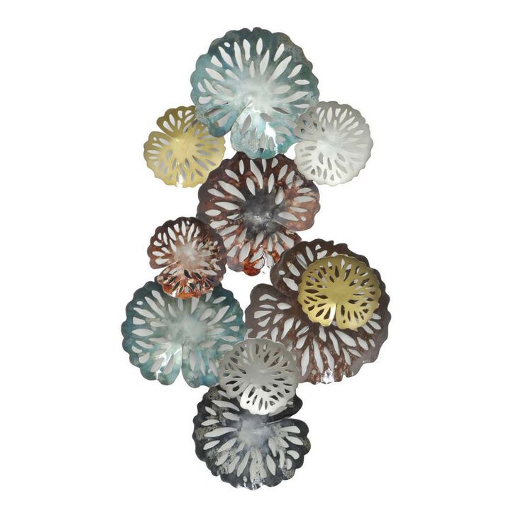 36 Inch Wall Decor, Hanging Piece, Various Size Metal Flowers, Multicolor - Benzara
