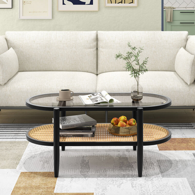 2-Tier Coffee Table with Tempered Glass Tabletop and Acacia Wood Frame