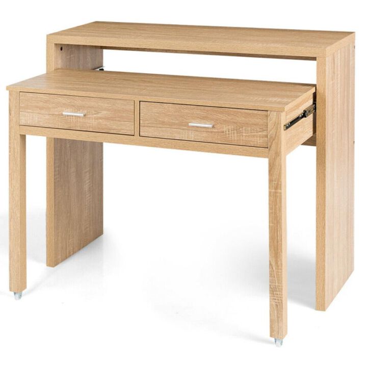 Hivvago Extendable Computer Desk with Pull Out Secondary Desk-Natural