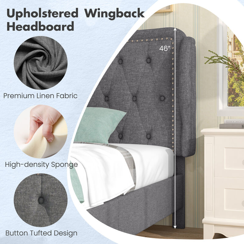 Bed Frame with Button Tufted Wingback Headboard and Storage Space