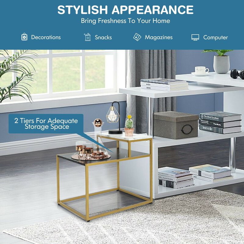2 Tier End Side Table with Metal Frame and Storage Shelf for Living Room-White