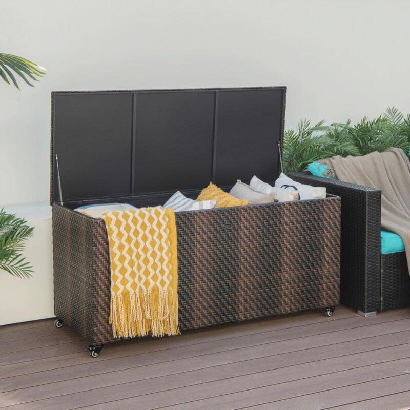 Hivvago 96 Gallon PE Wicker Outdoor Storage Box with 4 Wheels