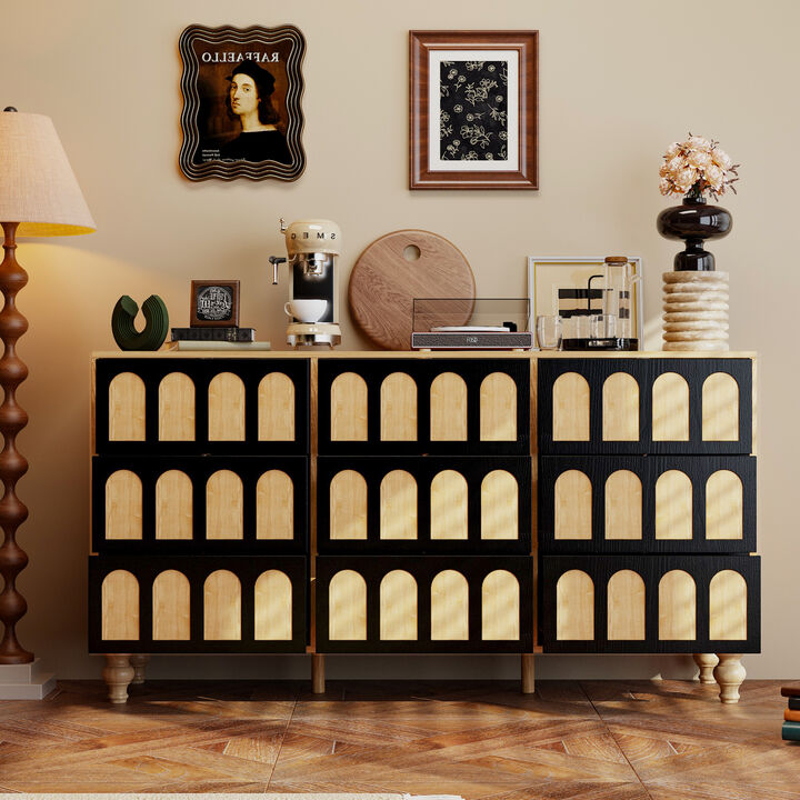 FUFU&GAGA Modern 9-Drawer Storage Cabinet with Arched Panel Design & Solid Wood Legs (59" W x 15.7" D x 31.5" H), Natural Wood