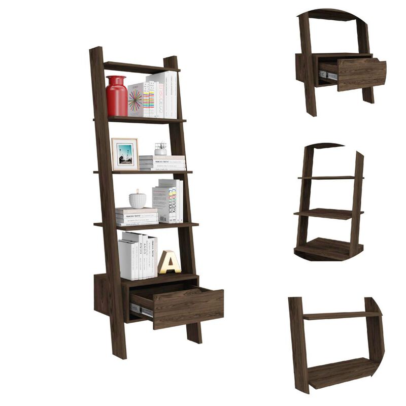 DEPOT E-SHOP Kobe Ladder Bookcase, One Drawer, Five Open Shelves, Dark Walnut