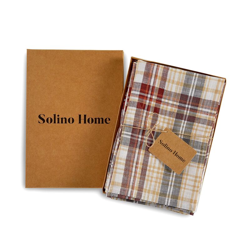 Solino Home 100% Pure Linen Dinner Napkins | Autumn Plaid for Spring & Easter
