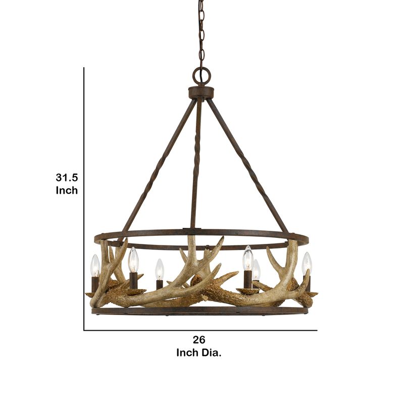 6 Bulb Metal Frame Chandelier with Resin Antler Design,Dark Bronze and Gold-Benzara