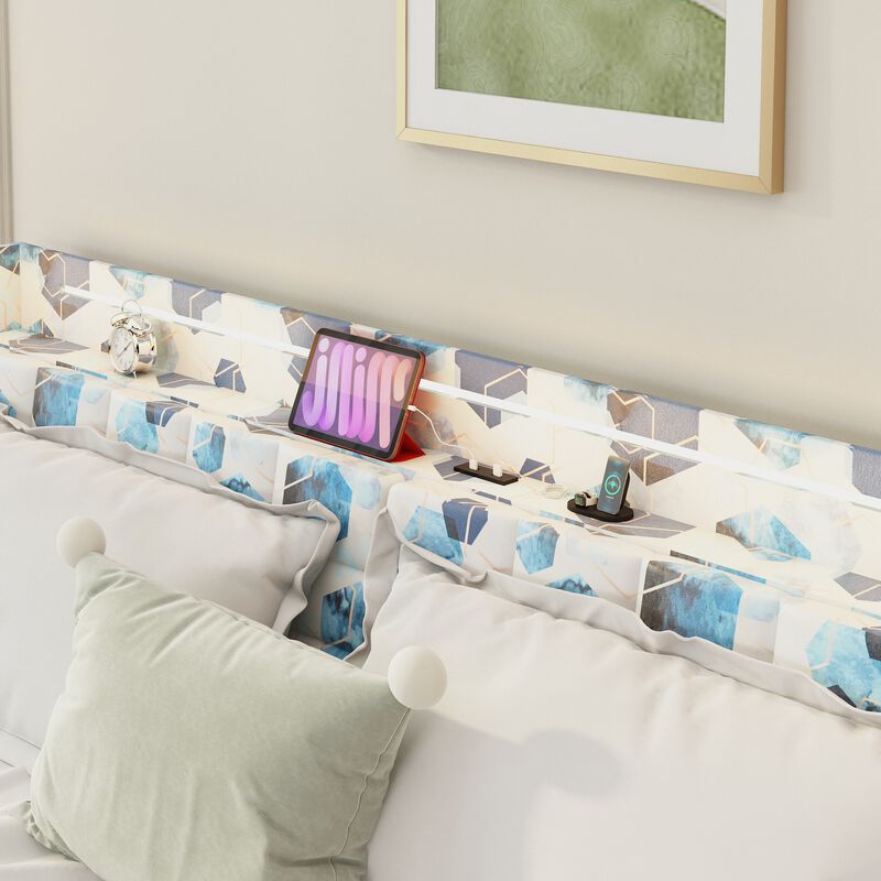 MONDAWE King Floating Bed Frame with LED Light and Charging Station with Headboard and Hidden Storage Space