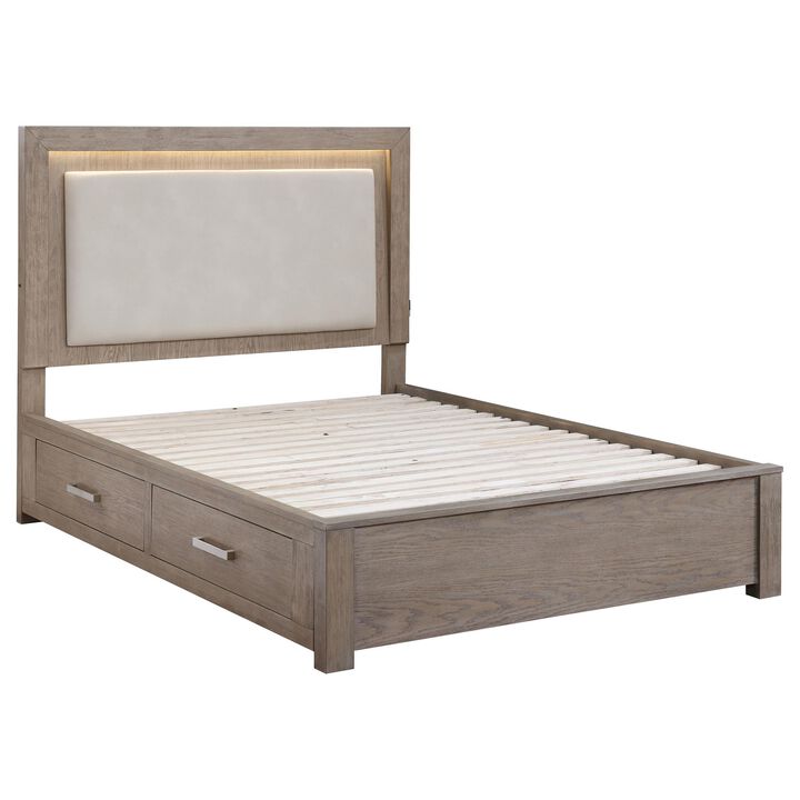 Keno Queen Bed, Upholstered LED Headboard, 4 Storage Drawers, Brown - Benzara