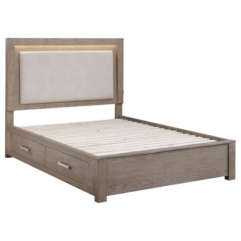 Keno Queen Bed, Upholstered LED Headboard, 4 Storage Drawers, Brown - Benzara