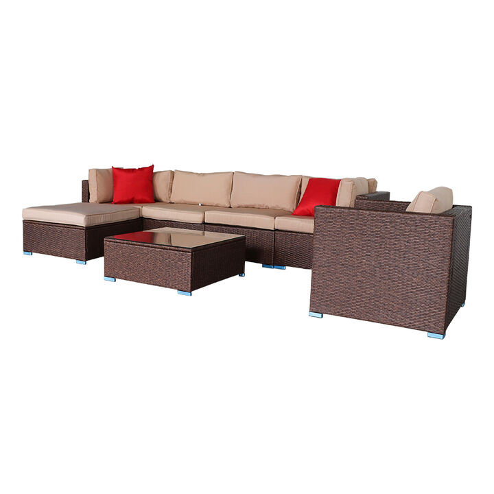 7-Piece Wood Grain PE Wicker Rattan Patio Sofa Set, Outdoor Sectional with Corner Sofa