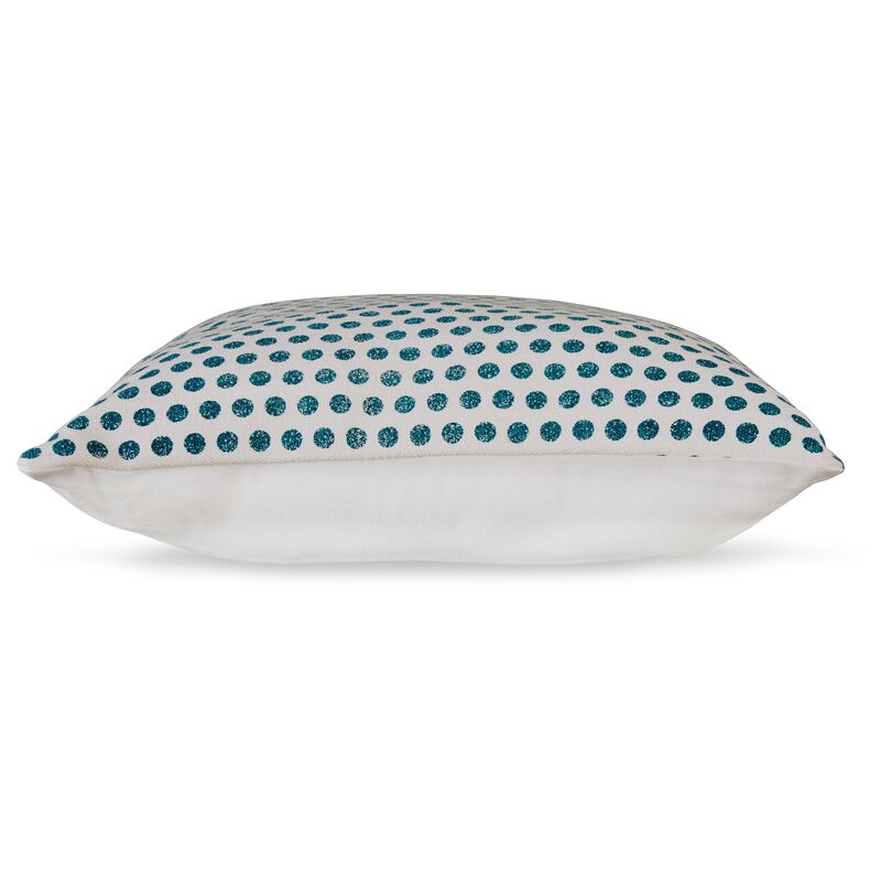 Mony Square Accent Throw Pillow, 20 Inch, Teal Dots over White Cotton - Benzara