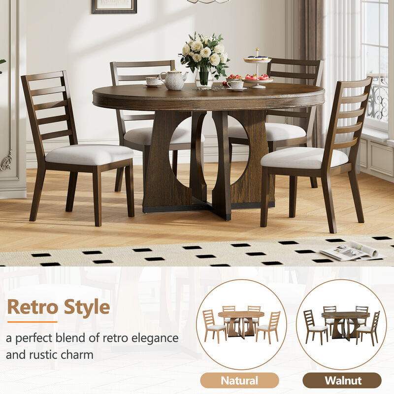 Gewnee  5-Piece Retro Rustic Functional Dining Set Unique Geometric Design, 1 Extendable Table with a 16-inch Leaf and 4 Upholstered Chairs Ideal for Dining Room and Kitchen (Walnut)