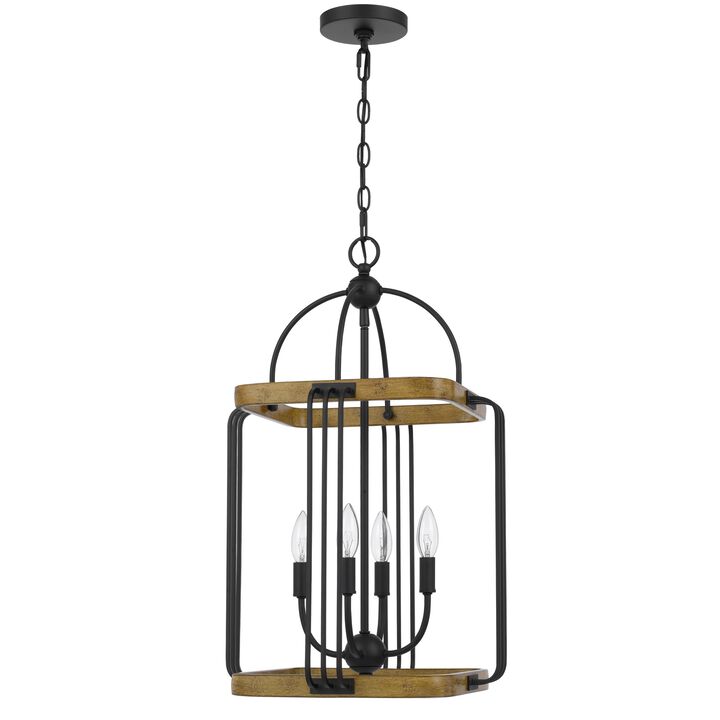Rio 16 Inch Chandelier w Upturned Lights and Canopy, Wood, Black Metal - Benzara