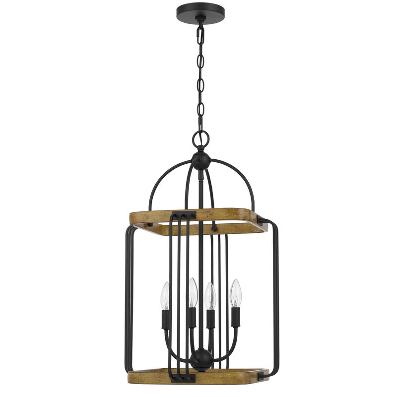 Rio 16 Inch Chandelier w Upturned Lights and Canopy, Wood, Black Metal - Benzara
