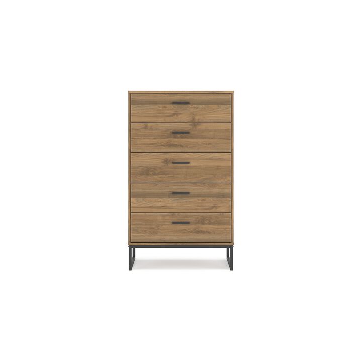 Deana Tall Dresser Chest, 5 Drawers, Brown Wood, Black Metal, 51 Inch - Benzara