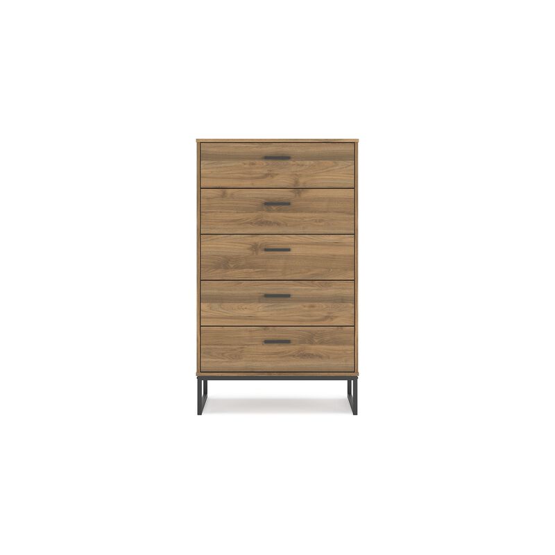 Deana Tall Dresser Chest, 5 Drawers, Brown Wood, Black Metal, 51 Inch - Benzara