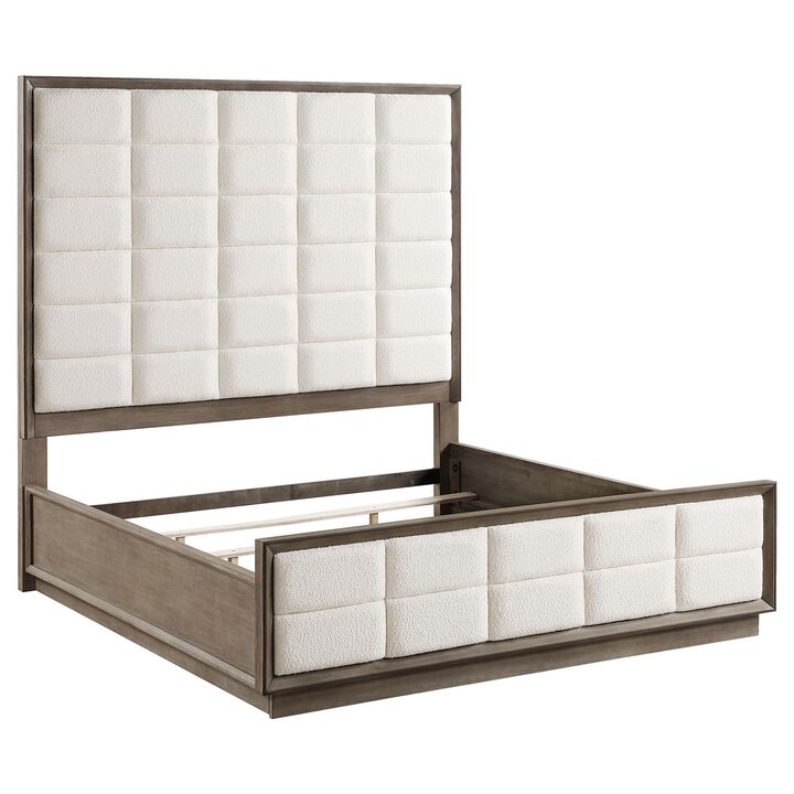 Lyni King Size Bed, Grid Tufted Headboard, Ivory Upholstery, Oak Brown - Benzara