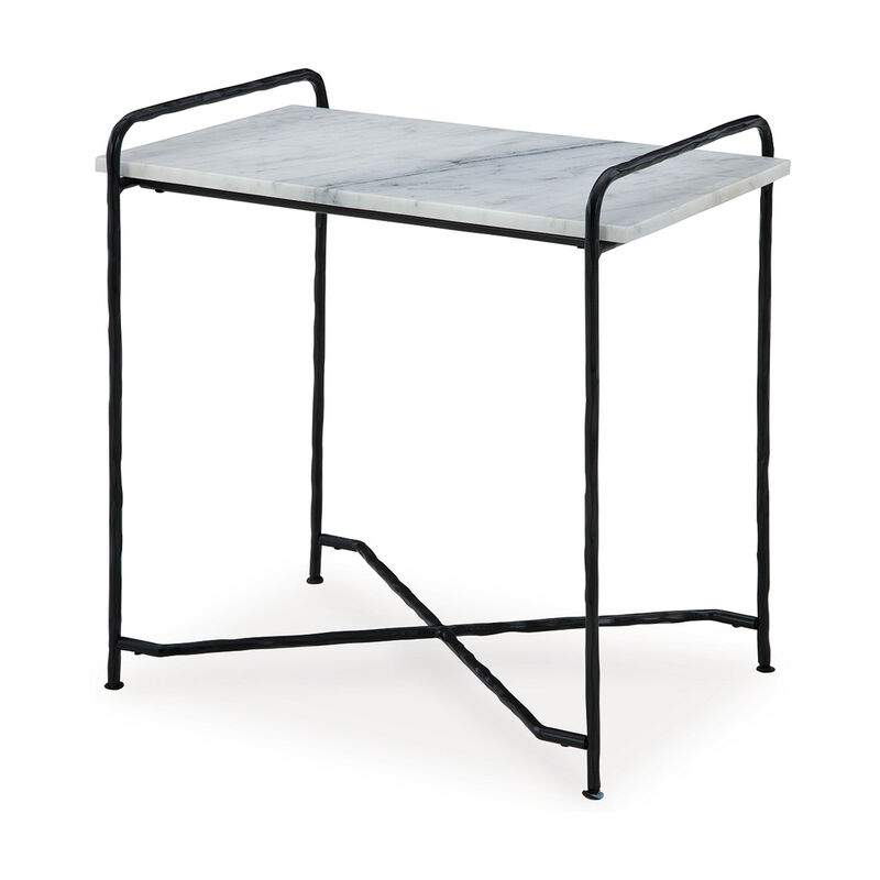 Accent Table, 22 Inch White Marble Top, Industrial Black Metal Legs - Benzara