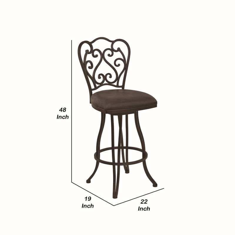 Metal Scroll Design Open Back Barstool with Fabric Padded Seat, Gray - Benzara