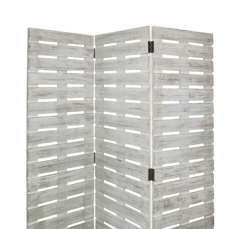 Textured 3 Panel Foldable Wooden Screen with Slats, Gray - Benzara