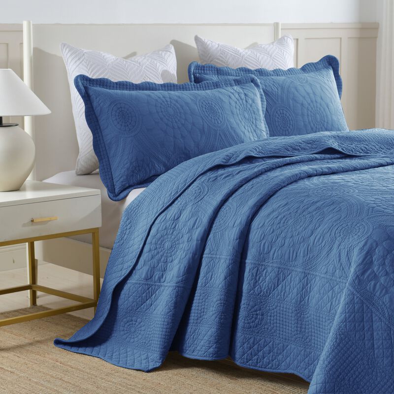 MarCielo 3 PCS 100% Cotton Oversized Bedspread Quilt Set Embroidery TF