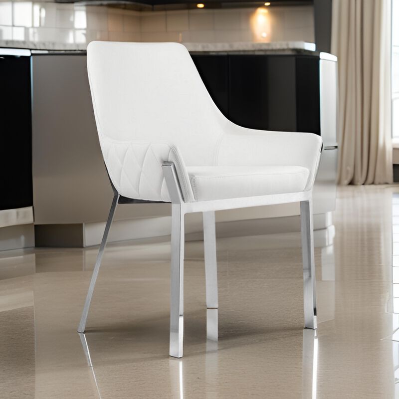 Fuma 23 Inch Set of 2 Dining Chairs, Foam Fill, White Faux Leather, Silver - Benzara