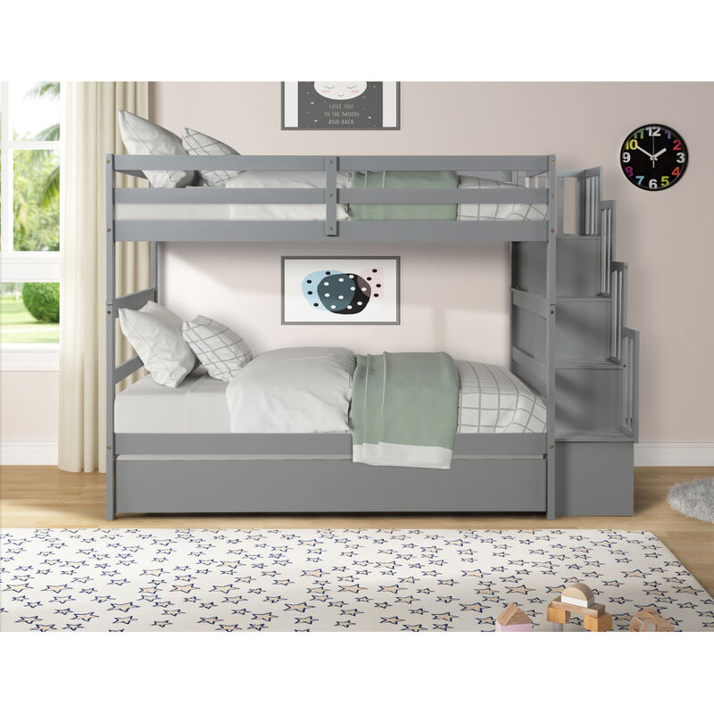 Bunk Beds Twin Over Twin Stairway Storage Function Gray