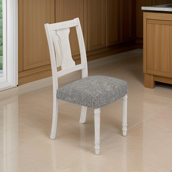 Sane 19 Inch Dining Side Chair Set of 2, Fiddleback, White Wood, Gray Linen - Benzara