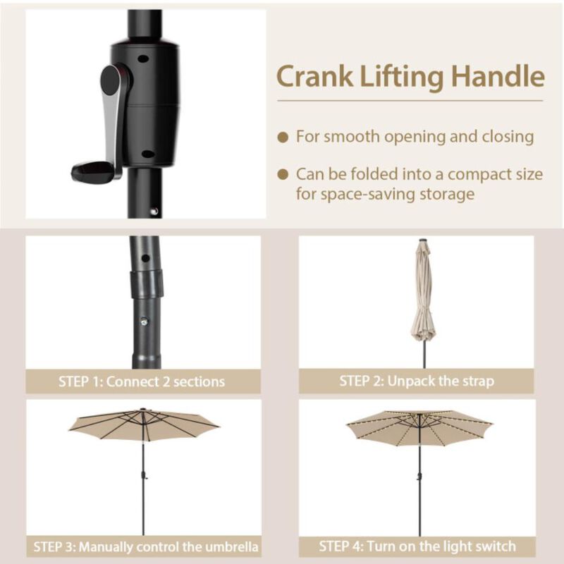 Hivvago 10 Feet Patio Umbrella with 112 Solar Lights and Crank Handle