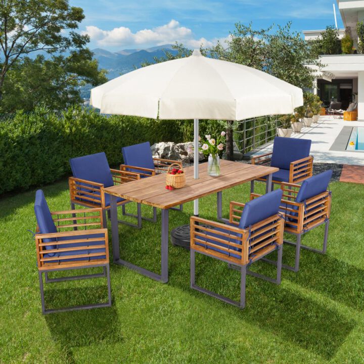 Hivvago 7 Pieces Patio Acacia Wood Dining Chair and Table Set for Backyard and Poolside-Navy
