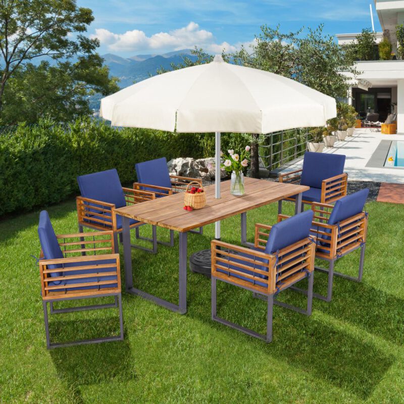 Hivvago 7 Pieces Patio Acacia Wood Dining Chair and Table Set for Backyard and Poolside-Navy